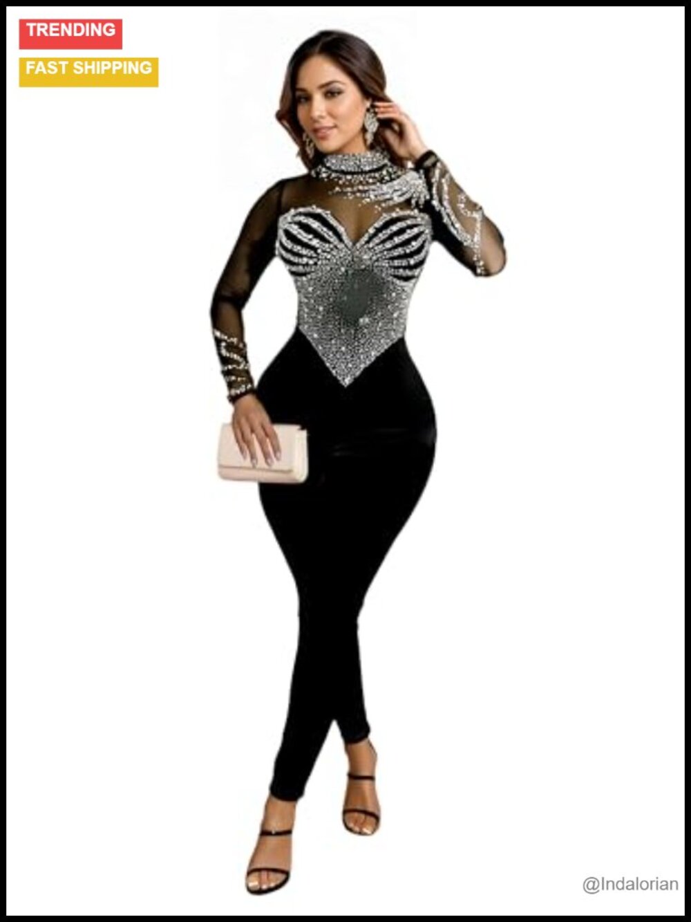 Rhinestone Sequin Jumpsuit Sheer Mesh Bodycon Party